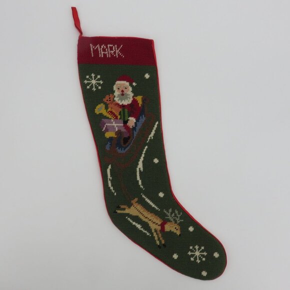 VTG Handmade Santa Reindeer Sleigh Needlepoint Christmas Stocking Mark Holiday - Picture 8 of 9